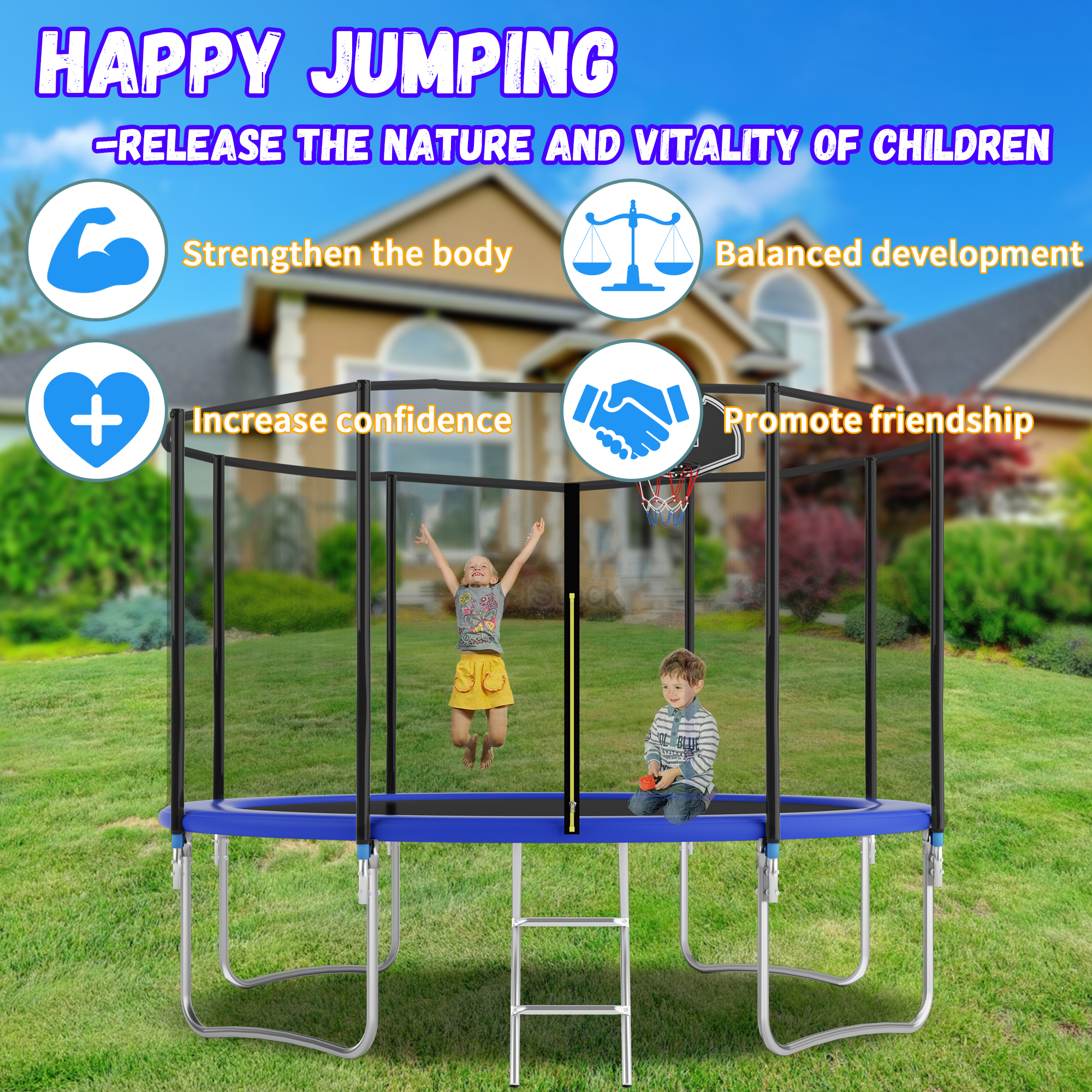 Shengchao Trade 650LBS 10FT Trampoline for Adults and Kids,Trampoline with Enclosure,Recreational Trampoline with Ladder, Heavy Duty Trampoline Capacity for 2-4 Kids