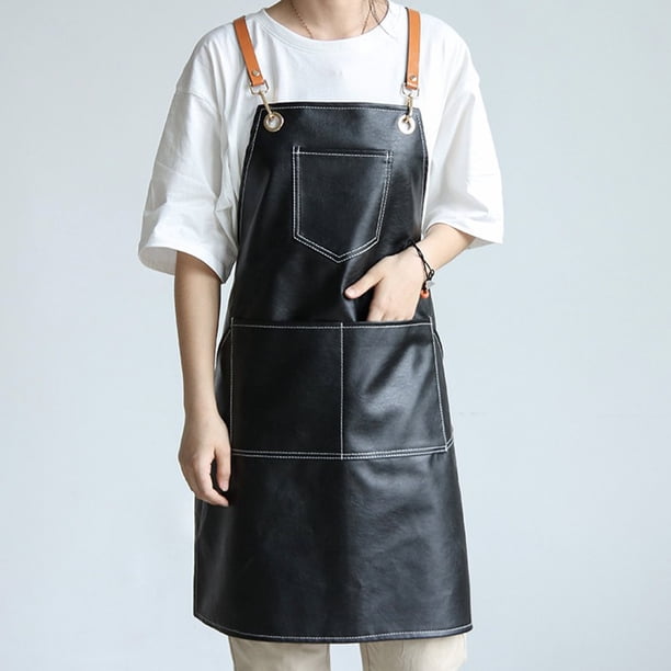 Delantal de trabajo de cuero grueso con espalda cruzada, delantal de Chef ajustable, impermeable, multibolsillo, sin mangas, ropa con correa ajustable