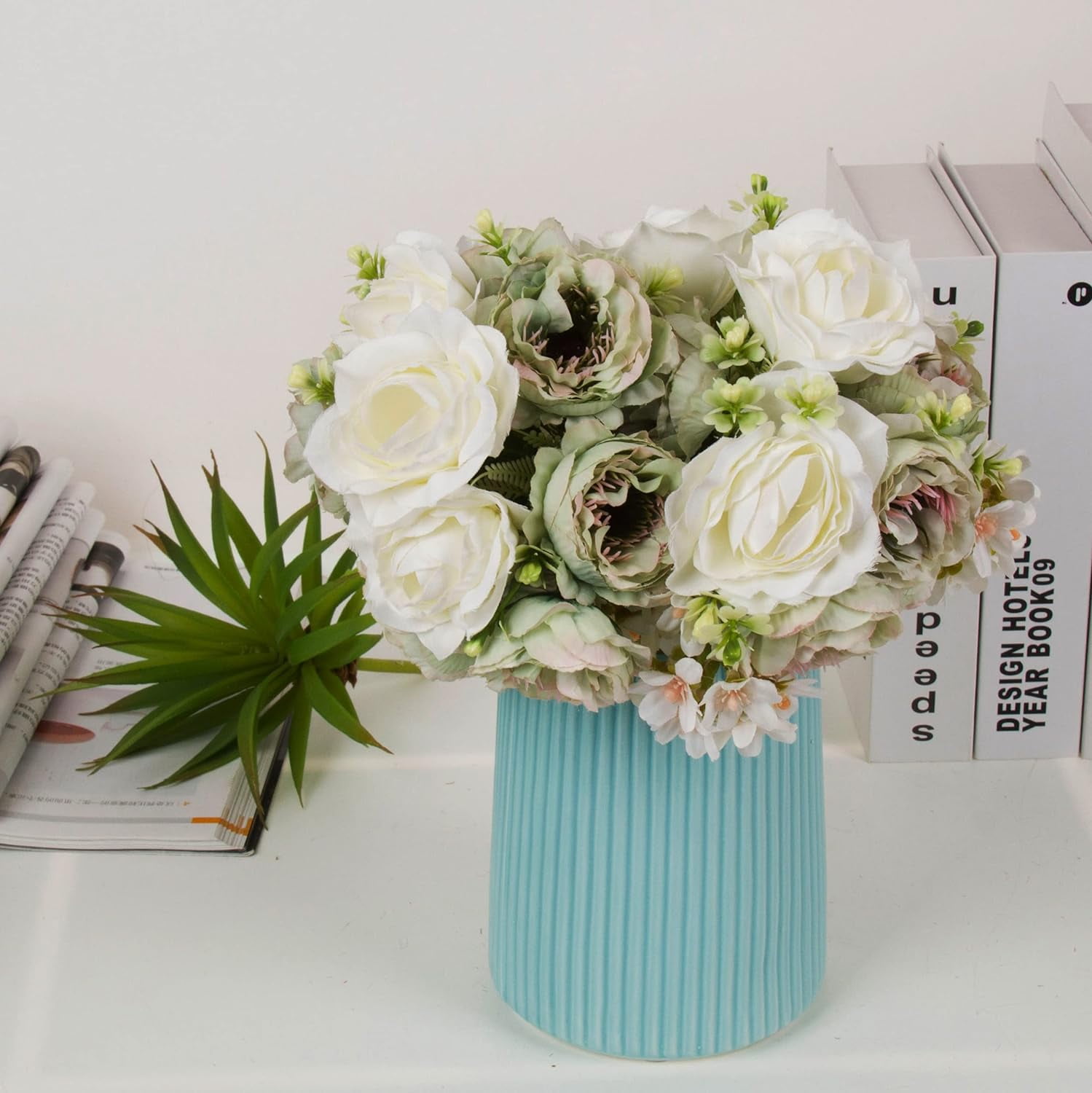 2pcs Artificial Flower Bouquets,12 Inch Wedding Bouquet for Bridesmaid, Tossing Bouquet for Bridal Shower Wedding Ceremony,White and Green