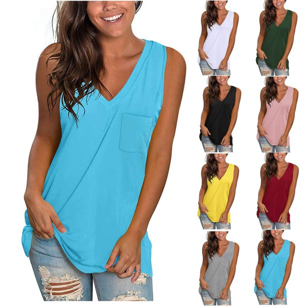 lcziwo Womens Summer Casual Sleeveless Tank Tops Solid Color V Neck Loose  Fit Flowy Casual Tunics Blouses Workout Tanks Shirts 2024,White,XXL