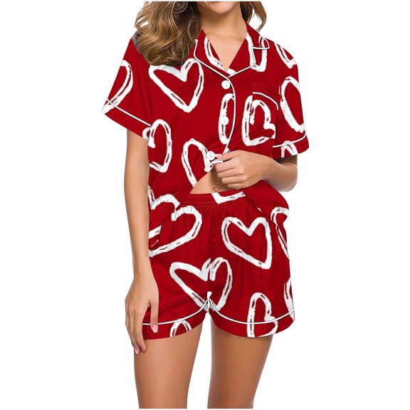Jamicy Pajamas for Women Set Valentine's Day Gift Button Up Pjs Short Sleeve Ruffle Sleepwear Notch Collar Bride Soft Pj Lounge Sets