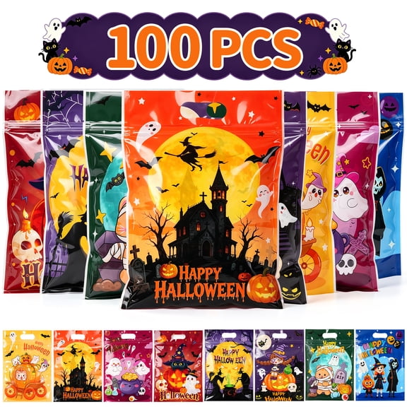 Halloween Treat Bags with Handles, Qissep 100 Pcs Halloween Goodie Bags for Kids,Trick or Treat Candy Gift Bag,Plastic Tote Bag for Halloween Party Favors Supplies,Multicolor