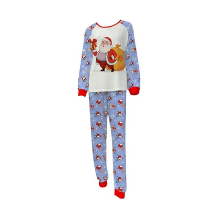 

Gureui Matching Family Christmas Pajamas Set Casual Cartoon Santa Claus Printed Round Neck Patchwork Long Sleeve Pullover Tops + Elastic Waist Long Pants Holidays Nightwear for Adults Kids