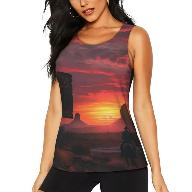 Easygdp Coucher de Soleil Western Desert Cowboy pour Femmes Débardeur d'Entraînement, Haut de Course, Chemise de Randonnée, Séchage Rapide pour Course, Yoga, Randonnée-TG