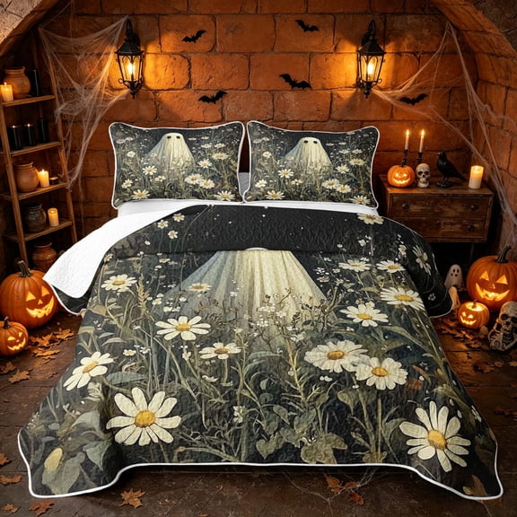 Erosebridal Boho Daisy Floral Twin Quilt Set, Cute Ghost Twin Coverlet Set for Boys Girls, Cream Dark Green, 2pcs 1 Bedspread and 1 Pillowcase
