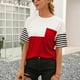 thumbnail image 4 of Camiseta de mujer Bloque de color a rayas Manga corta Cuello redondo Top suelto, Rojo vino, S Speravity AP001245-21, 4 of 7