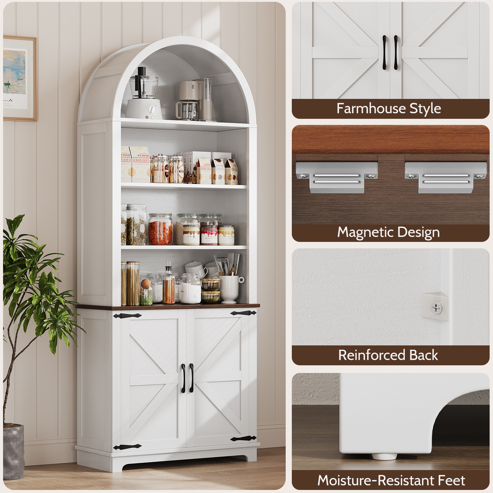 Vividwood Farmhouse Arched 6-Tier Bookshelf Bookcase with Doors, Tall Storage Cabinet, White