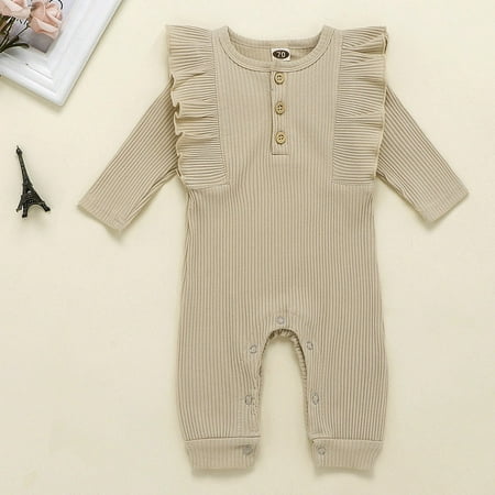 

Yubatuo Newborn Infant Baby Boys Girls Solid Button Ruffles Romper Jumpsuit Playsuit Beige 90