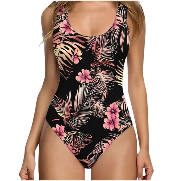 CLOISE Swimsuit One Piece Women Plus Size Swimwear Full Coverage Flowers Bathing Suit Backless Vacation Beachwear Black