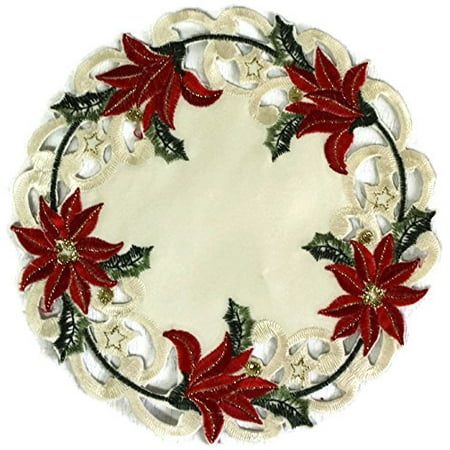

Doily Boutique Christmas Round Doily with Large Red Poinsettia Flowers on Antique White Fabric Size 23 inches