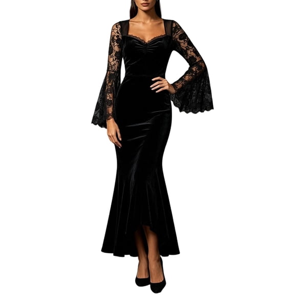 Karymi Womens Dresses Elegant Black Velvet Lace Mermaid Dress, Sweetheart V Neck Flared Bell Sleeve High Low Hem, Wedding Guest Cocktail Party Long Dress