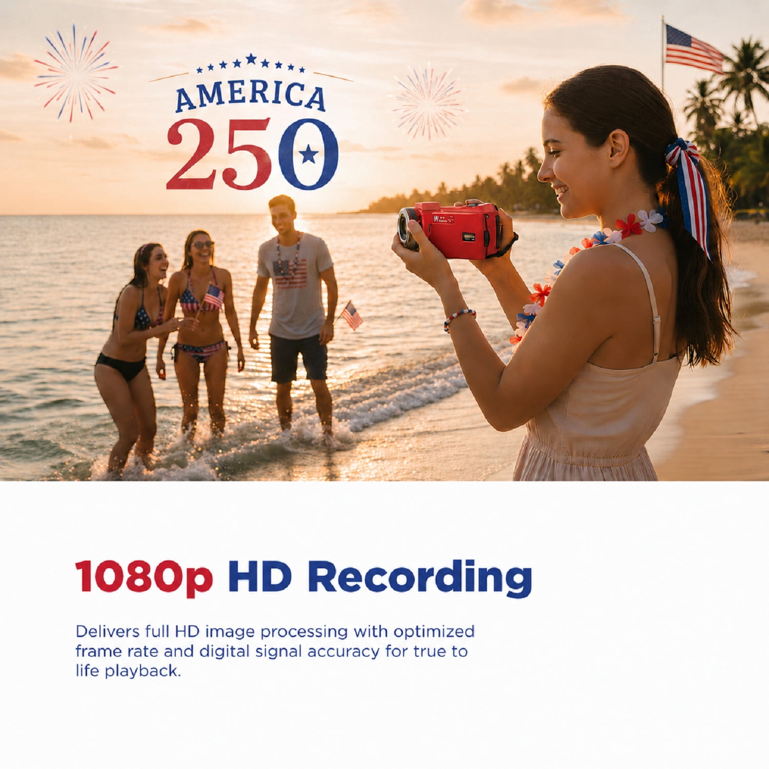 Vivitar PopCam America 250 Digital Camcorder – USA Celebration Edition, Old Glory Red, 48MP, Full HD 1080P Video, 3" Flip Screen, 16X Digital Zoom Camcorder with Built-in Mic for Vlogging & Travel