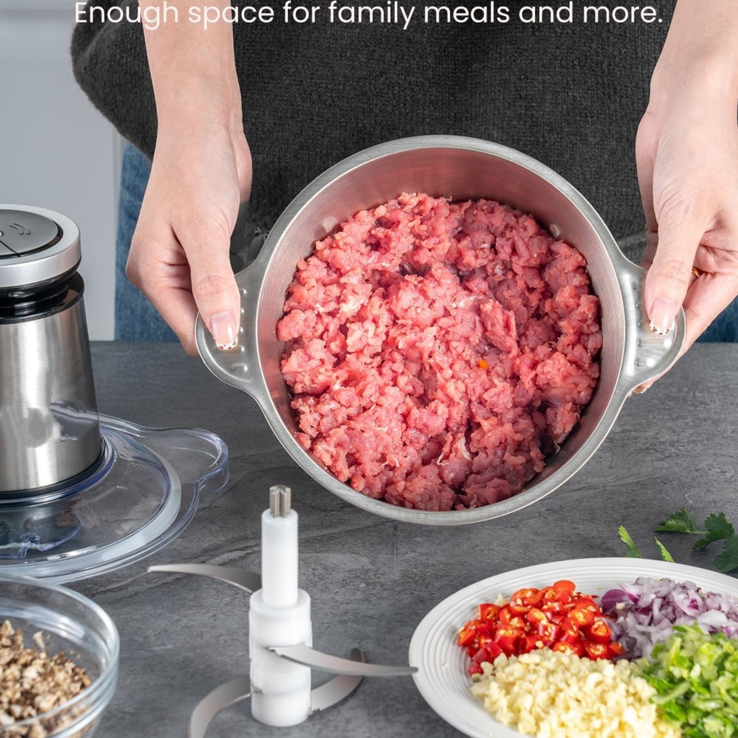 Food Processor Small, 10 Cup Food Chopper with Container, 2.3L 600W Electric Meat Grinder for Home Use, Stainless Steel Mini Food Processor for Kitchen, Vegetable, Onion, Garlic, Salad
