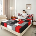 thumbnail image 4 of Feelyou Red Square Geometric Queen Sheet Sets, Vintage Artwork Abstract Flat Sheet, Chic Rectangle Queen Fitted Sheet, Microfiber Bedroom Decor, 4pcs, 4 of 7