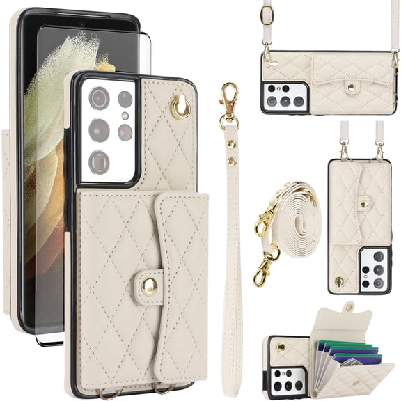 Phone Case for Samsung Galaxy S21 Ultra 5G Wallet Cover with Stand RFID Card Holder Slot Wrist Crossbody Strap Lanyard Cell Accessories S21ultra 21S S 21 21ultra G5 Women Girls Off White