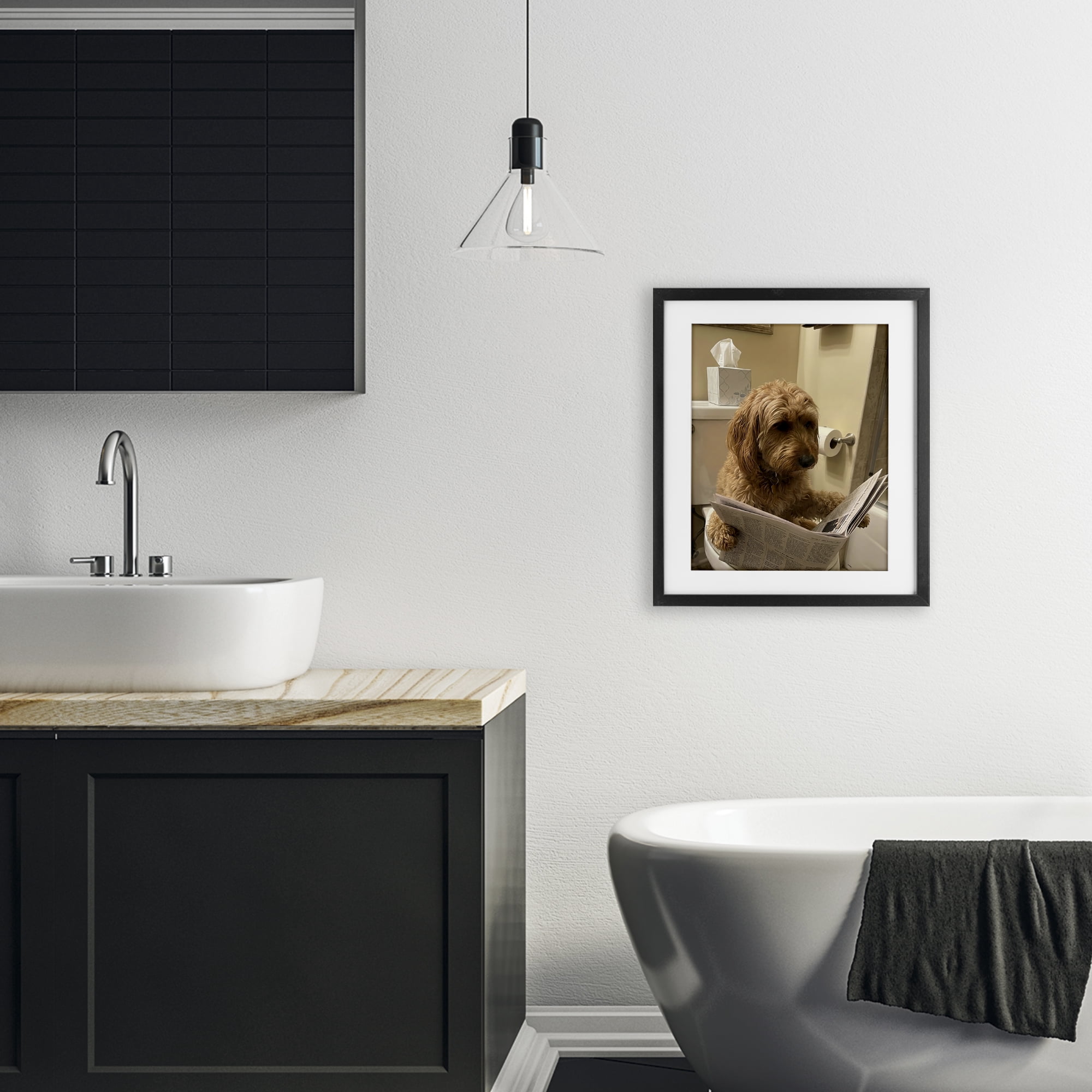 Stupell Industries Dog & Paper on Toilet Black Framed Print Under Glass, design by Abigail Walker