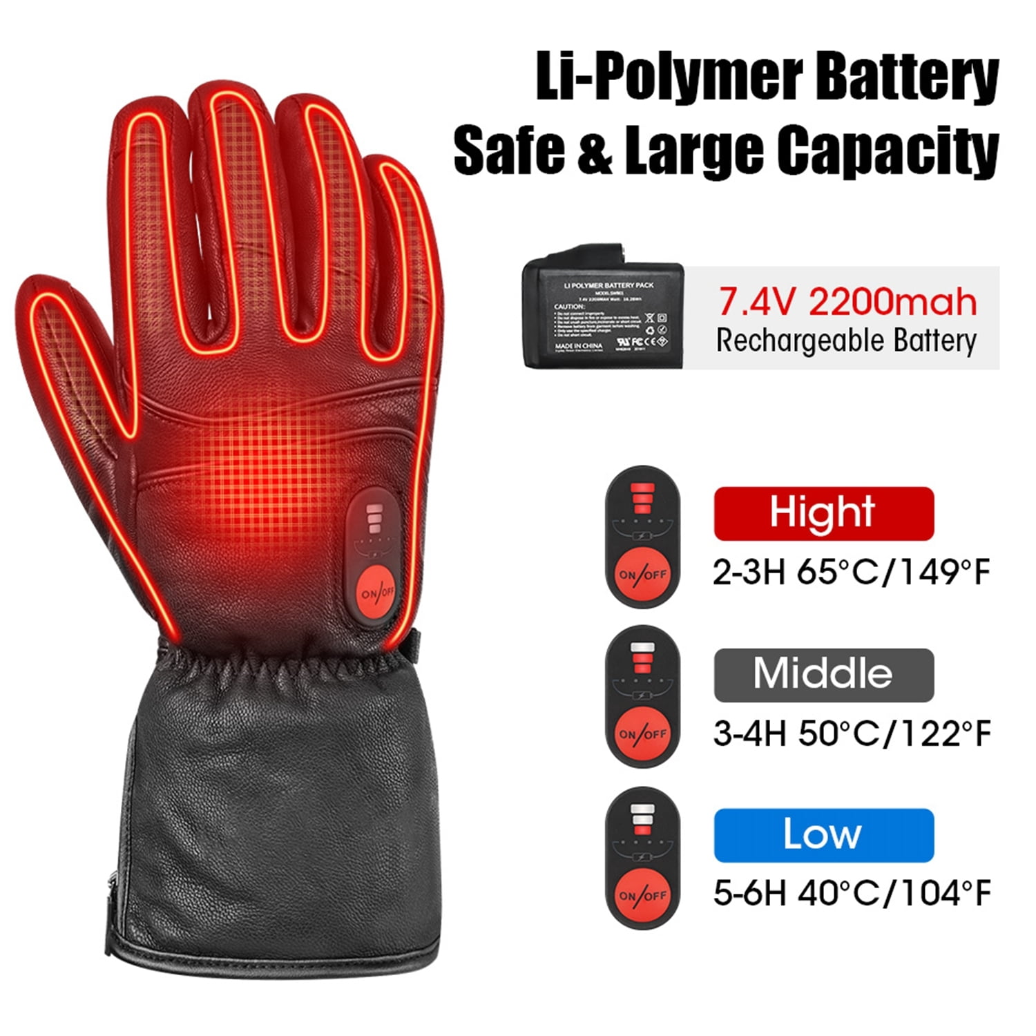 Sun Will Heated Thermal Gloves for Men and Women，2200mAh Rechargeable Battery Ski Mitterns Black XS-3XL