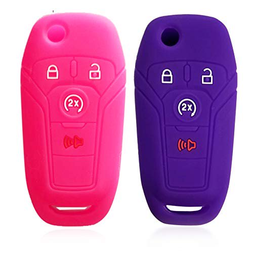 DOBREV Silicone 4 Buttons Smart Key Case Cover Skin Fob Holder for FORD Ford F-Series F-150 2017 2018 Ford F-Series F-250 F-350 F-450 F-550 Flip Key Fob Remote with Start Button (purple and pink)