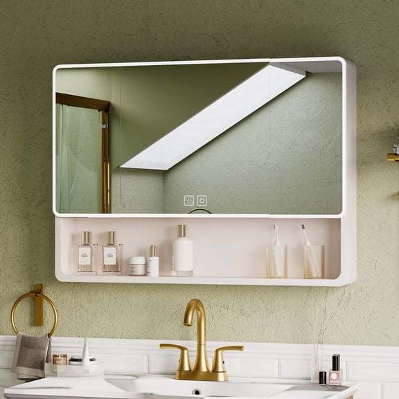 Sunrinx Modern 39"x28" Aluminium Bathroom Medicine Cabinet with Mirror, LED Lights, Bathroom Mirror with Storage, Multilevel Storage Compartments