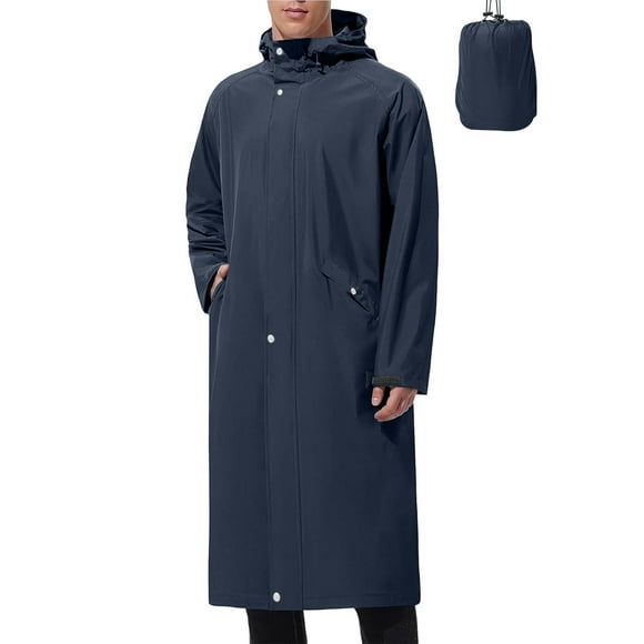 Amzcrzy Mens Rain Jacket Casual Waterproof Windproof Light Jackets for Men Solid Color Button Long Rain Coats Long Sleeve Hooded Raincoats with Pockets L