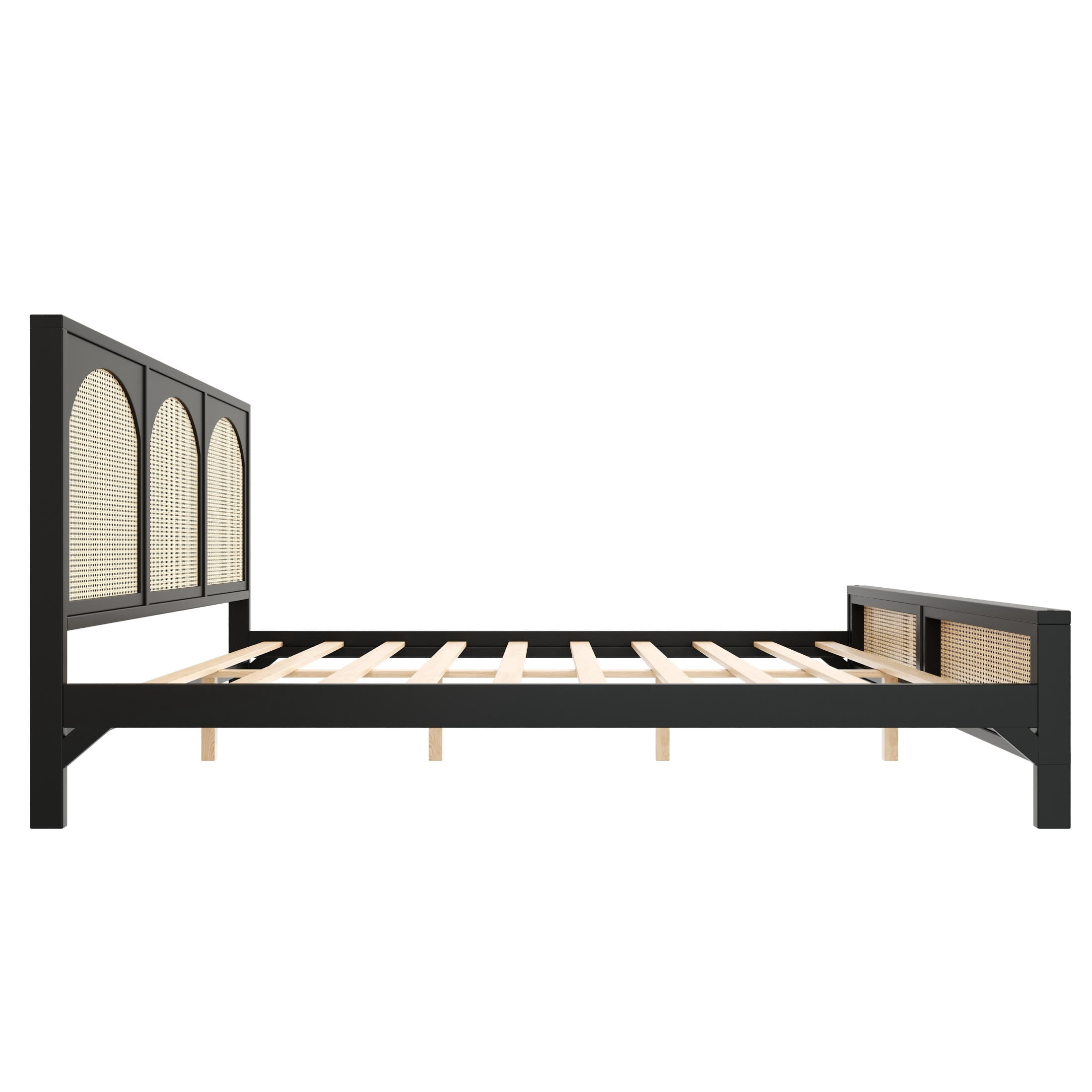 Noble House Driscoll Queen Size Wood Platform Bed with Rattan Headboard & Footboard, Modern Bed Frame, Black