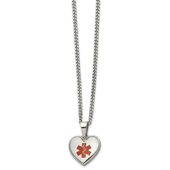 Primal Steel Stainless Steel Polished with Red Enamel Heart Medical 20-inch Curb Chain Necklace
