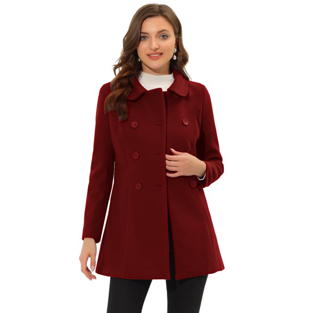 INSPIRE CHIC Manteau pour Femme à Col Peter Pan, Pardessus à Double Boutonnage, Trench d'Hiver Caban, Rouge Foncé, m