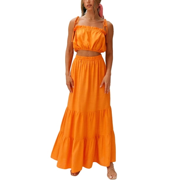 VISgogo Conjunto de Traje Femenino de 2 Piezas, Camisola Corta con Volantes y Tirantes de Color Sólido + Falda Larga para Verano, Blanco/Naranja, S/M/L/XL VISgogo moda