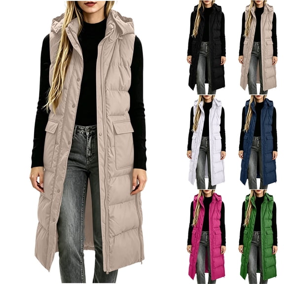 Aboser Womens Long Puffer Vest Thick Quilted Jackets Winter Sleeveless Hooded Vest Coats Warm Zip Up Outerwear Casual Tunic Jacket with Pockets