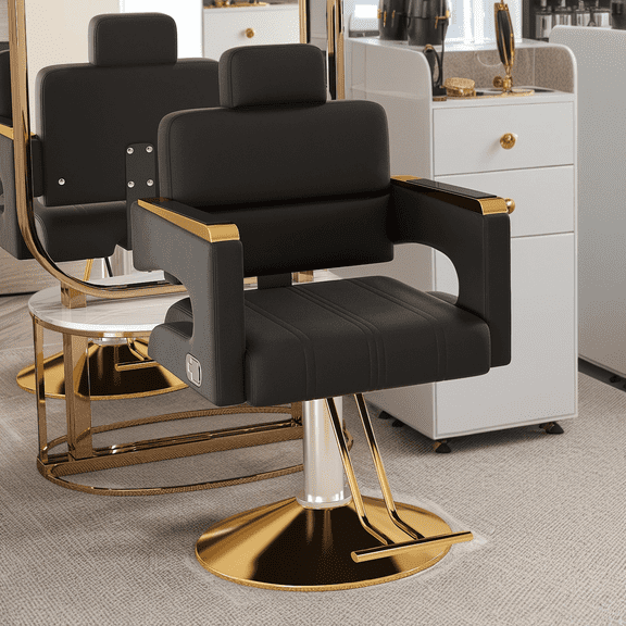 Professional Hydraulic Barber Chair, 360° Swivel Salon Chair with Adjustable Height, Reclining Backrest & Stainless Steel Armrests for Barber Shop, Black Gold