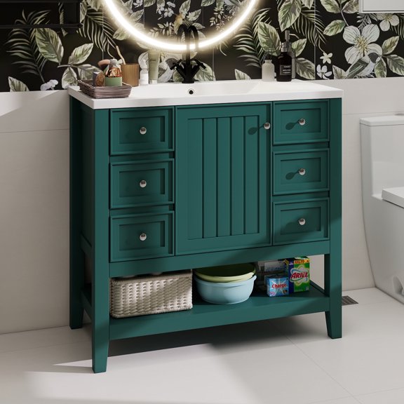 36" Bathroom Vanity with Sink, One Cabinet and Three Drawers, Solid Wood and MDF Board, Green