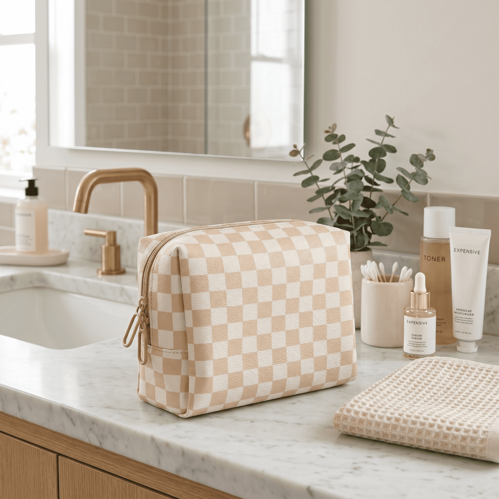 packlab Large Checkered Cosmetic Bag, 4 Interior Pockets, Wipeable, Beige