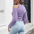 thumbnail image 4 of Suéter con costura en espiga para mujer, suéter recortado con hombros descubiertos, suéter de punto de manga larga para otoño e invierno, color morado claro M, 4 of 6