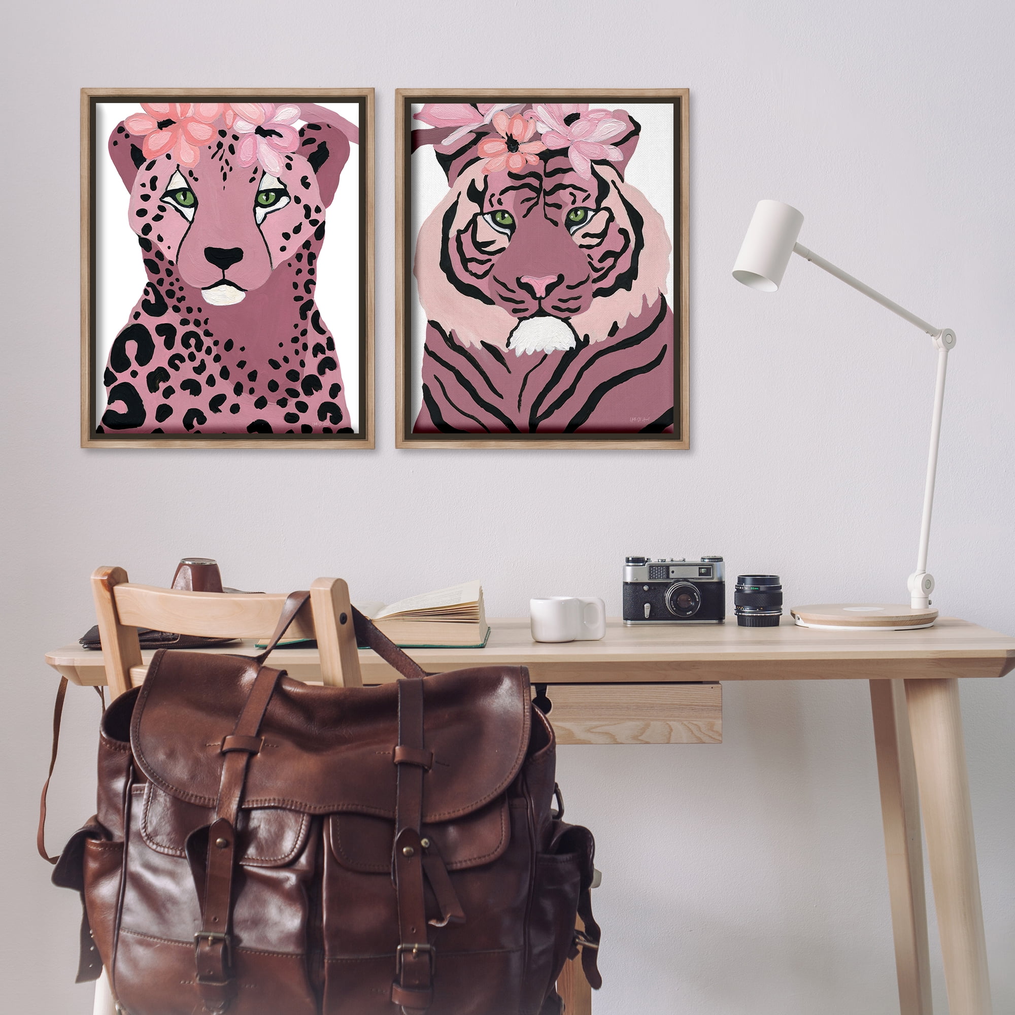 Stupell Industries Floral Cheetah Tiger Animals Painting Brown Floater Framed Canvas Art Print Wall Art, 31 x 25, Set of 2