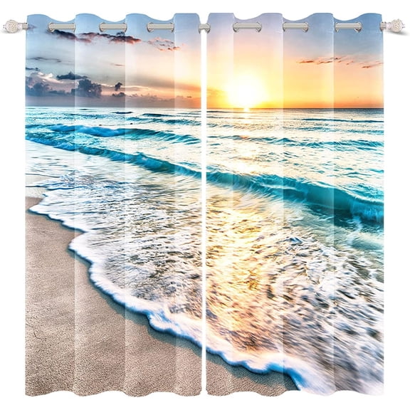 Sea Sand Beach Window Curtains Sunset Clouds Blue Seashore Coastal Ocean Printing Window Treatment Darkening Privacy Blackout Durable Drapes for Bedroom Living Room Decor 53x63 Inch x 2 Panels