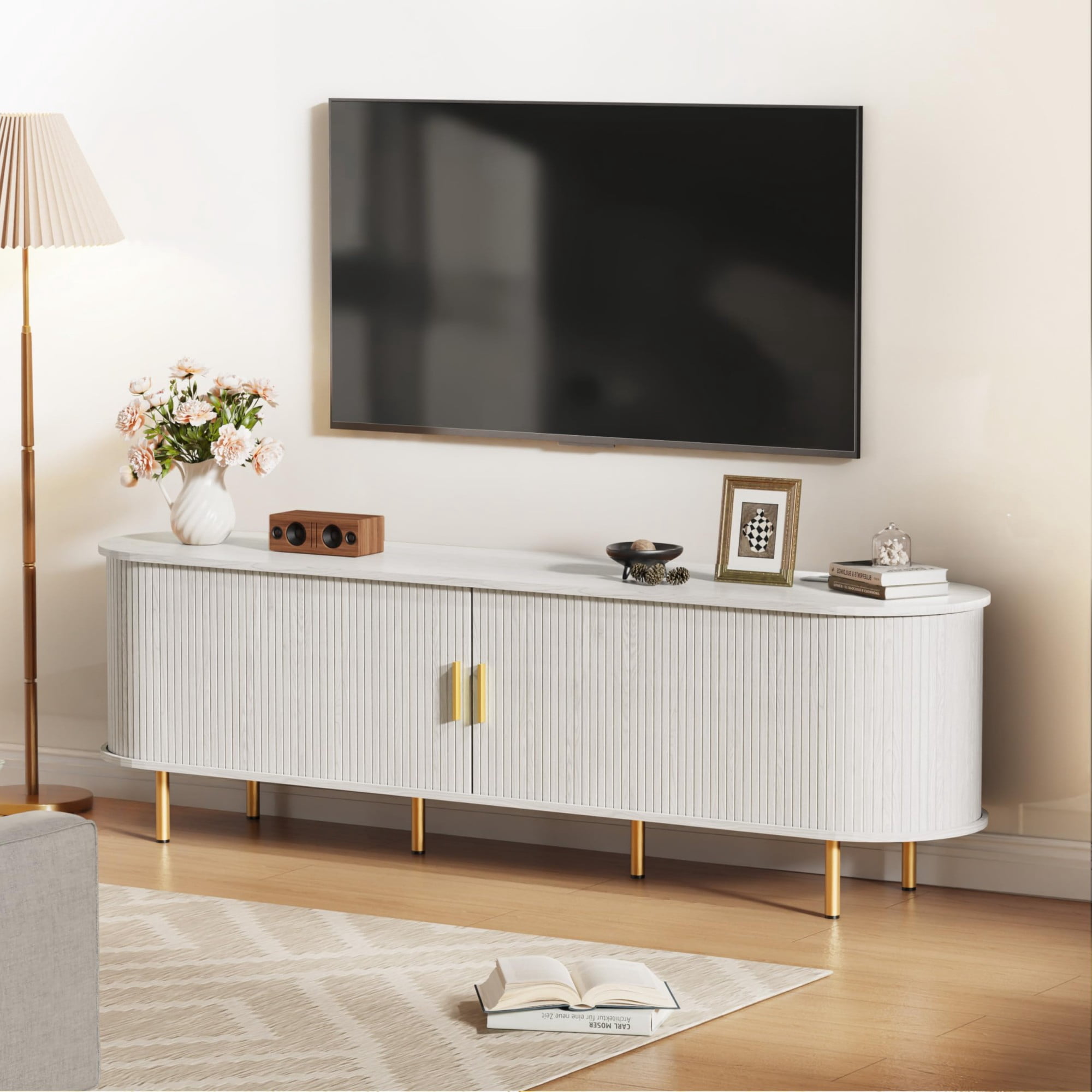 70.8 Inch Mid Century Modern TV Stand with Power Outlet, Fluted Media Console with Sliding Doors for TVs up to 80 Inch, White