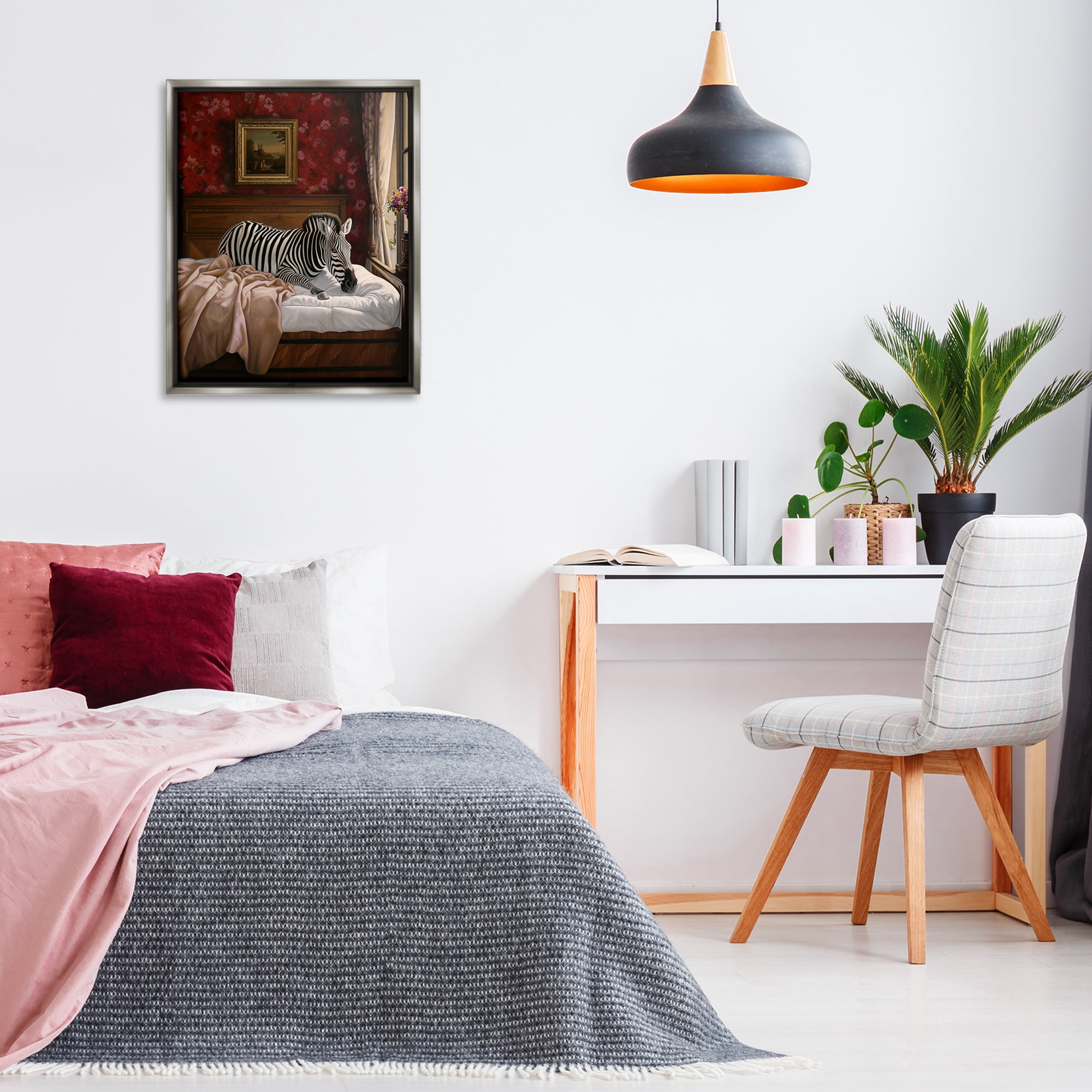 Stupell Industries Zebra on Regal Bed Animals Painting Gray Floater Framed Canvas Art Print Wall Art, 25 x 31