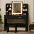 thumbnail image 1 of Vanity Desk with Lighted Mirror, Makeup Vanity Set with Power Outlet, Cushioned Stool, Vanity Table with 6 Storage Shelves, 2 Large Drawers and 3 Color Light Adjustable Brightness, Pink, 1 of 9