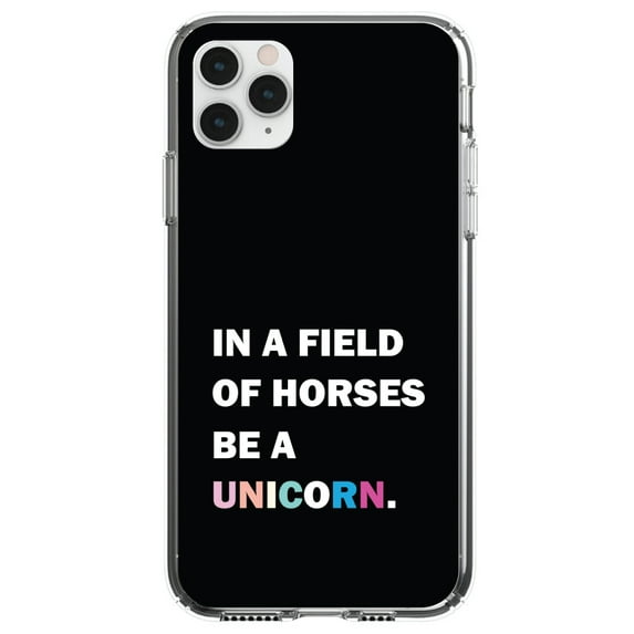 DistinctInk Clear Shockproof Hybrid Case for iPhone 13 Pro MAX (6.7" Screen) - TPU Bumper, Acrylic Back, Tempered Glass Screen Protector - In a Field of Horses, Be a Unicorn - Rainbow