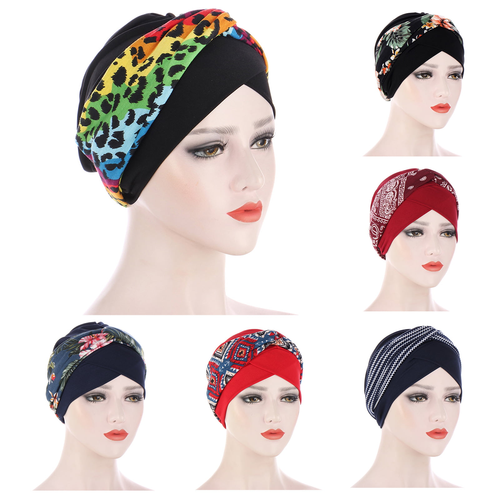 Women Double Flower Hat Beanie Turban Bandanas Headwrap Vintage Style Headband 