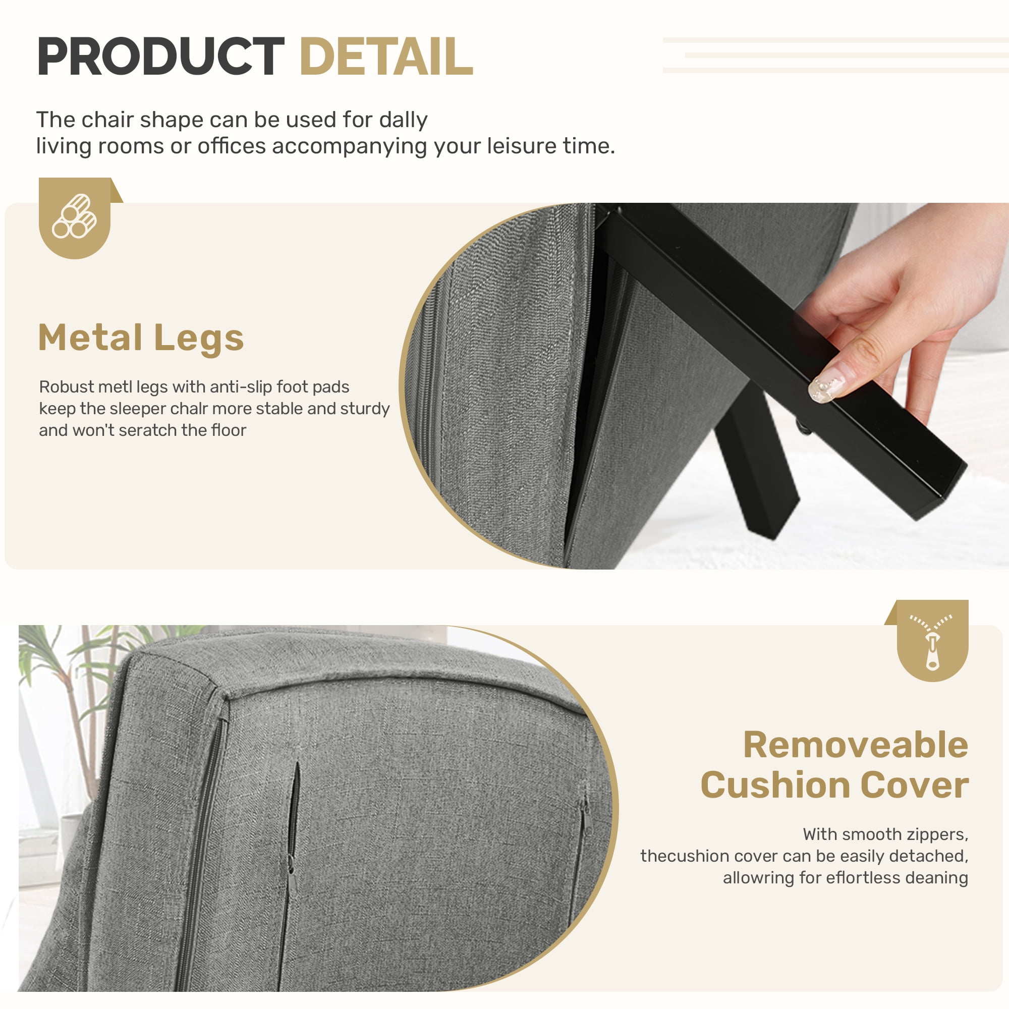 Daluvenix 4 in 1 Convertible Sofa Bed Sleeper Chair with a Pillow, 5 Position Modern Single Person Chaise Lounge Couch , Linen Folding Bed for Living Room Office, Dark Grey