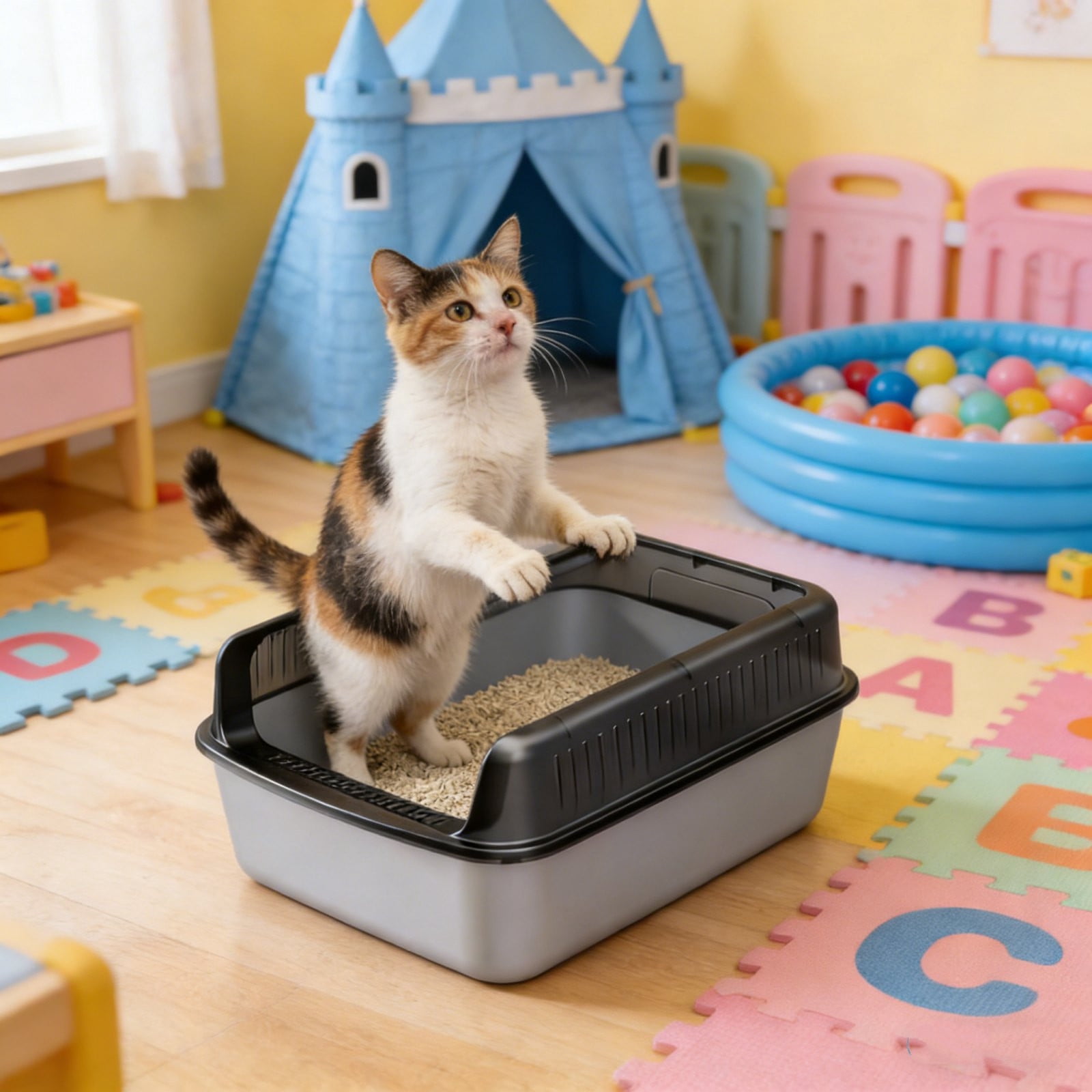 Enclosed Cat Litter Box | Top Entry, High Sides Odor Control | Black Plastic, 16"x12", Tall Walls Prevent Litter Scatter | Easy Clean Detachable Design | Spacious Interior, Air Circulation, Scoop