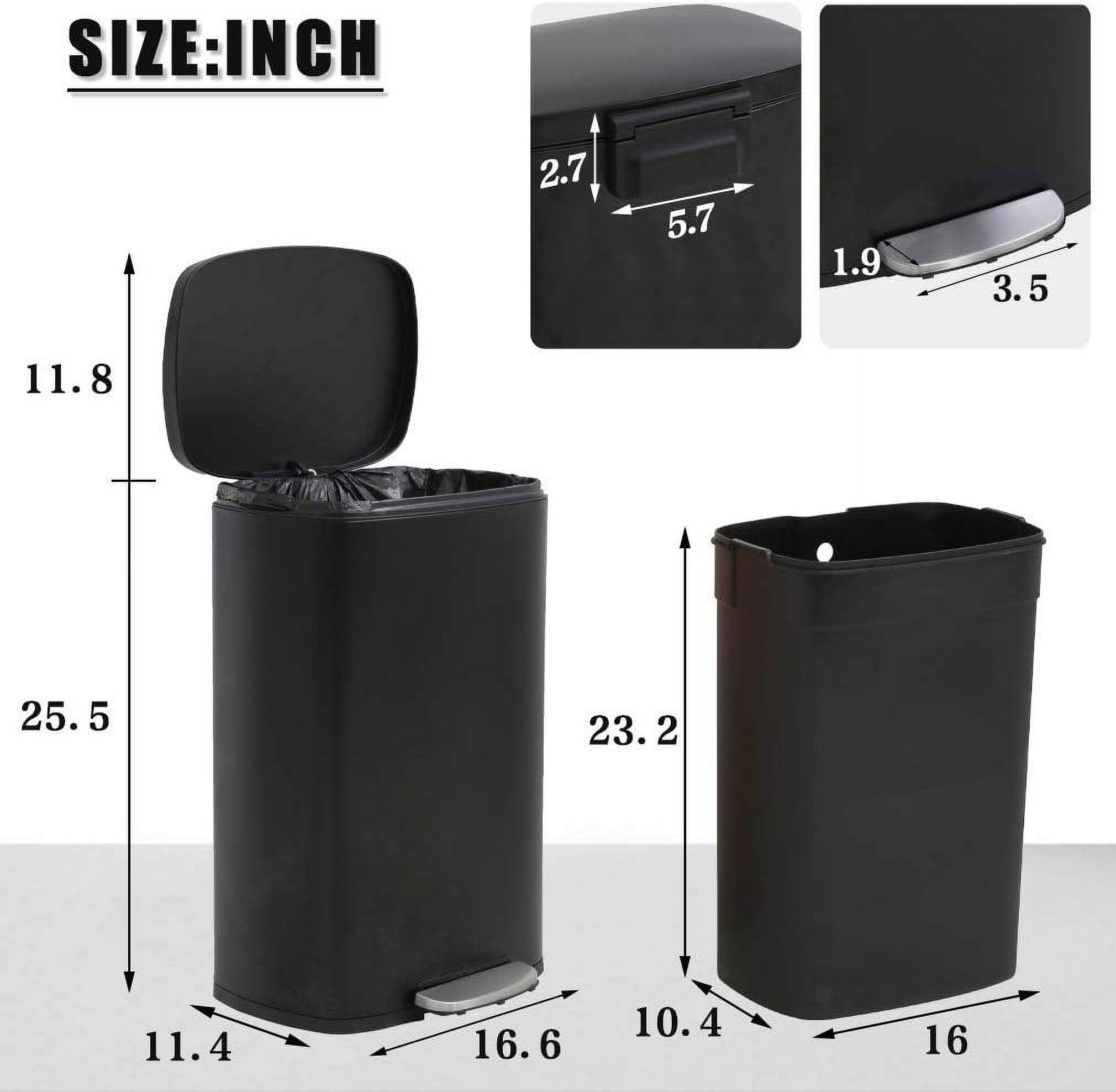 13 Gallon Trash Can Kitchen Trash Can Soft Close Lid Garbage Can with Lid Stainless Steel Trash Bin Hands-Free Footed Garbage Bin for Kitchen Bathroom Wateproof Trashcan, Black