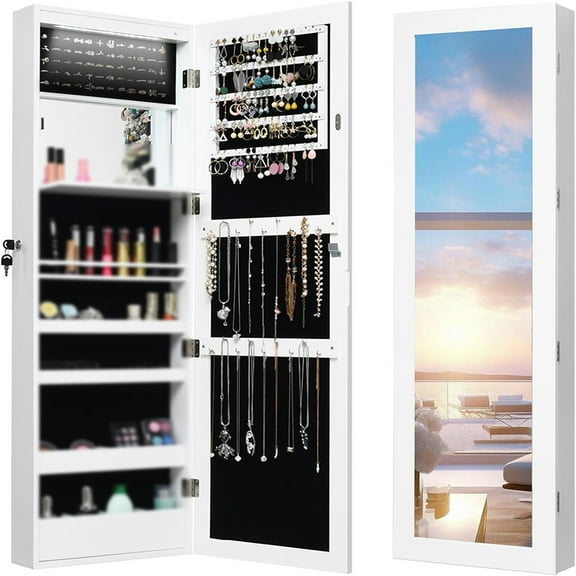 LED Jewelry Cabinet Wall Mounted Door Hanging, Lockable Jewelry Armoire with 47.2'' Full Length Mirror, Lipstick Brush Holders, Jewelry Storage Organizer for Dorm, Apartment, Home (White)