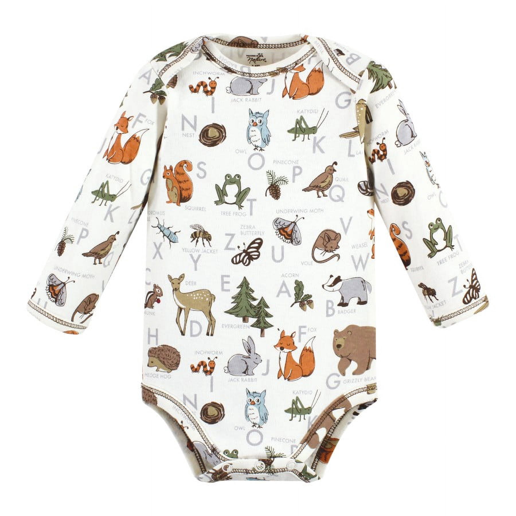 Touched by Nature Organic Cotton Long-Sleeve Bodysuits, Boy Woodland Alphabet 5-Pack, 0-3 Months