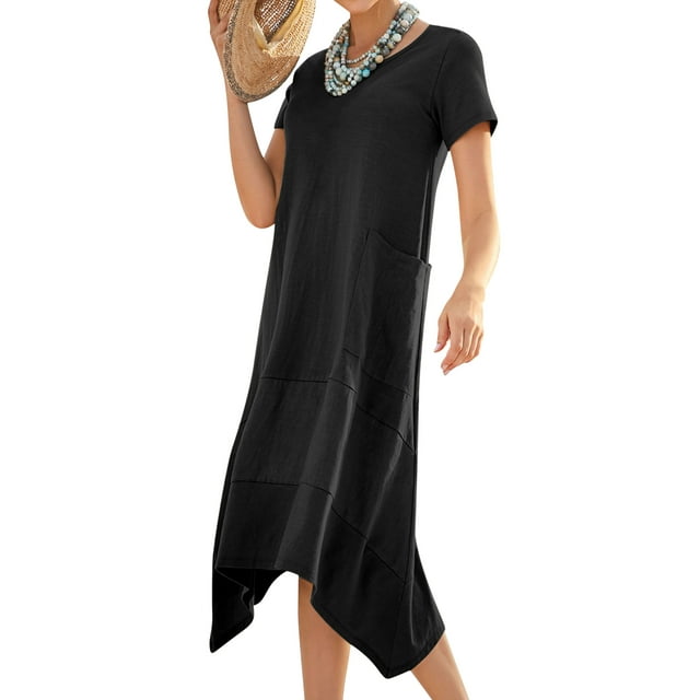 Robe Midi Simple à Manches Courtes pour Femmes avec Poche et Col Rond