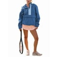 thumbnail image 2 of Veste Matelassée à Col Rond pour Femmes, Manches Longues, Coupe Ample, Demi-Glissière, à Capuche, avec Cordon de Serrage, Bleu, M, 2 of 7