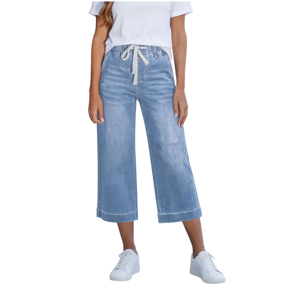 Bosfbaoi Capri Jeans for Women Drawstring High Rise Wide Leg Jeans with Pockets Summer Casual Loose Fit Cropped Denim Pants