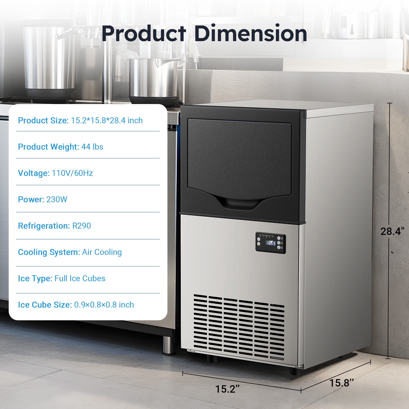 Mojgar Commercial 100Lbs/24H Ice Maker - Freestanding with 33Lbs Storage Capacity, Adjustable Ice Sizes, Quiet Operation, Perfect for Home & Business