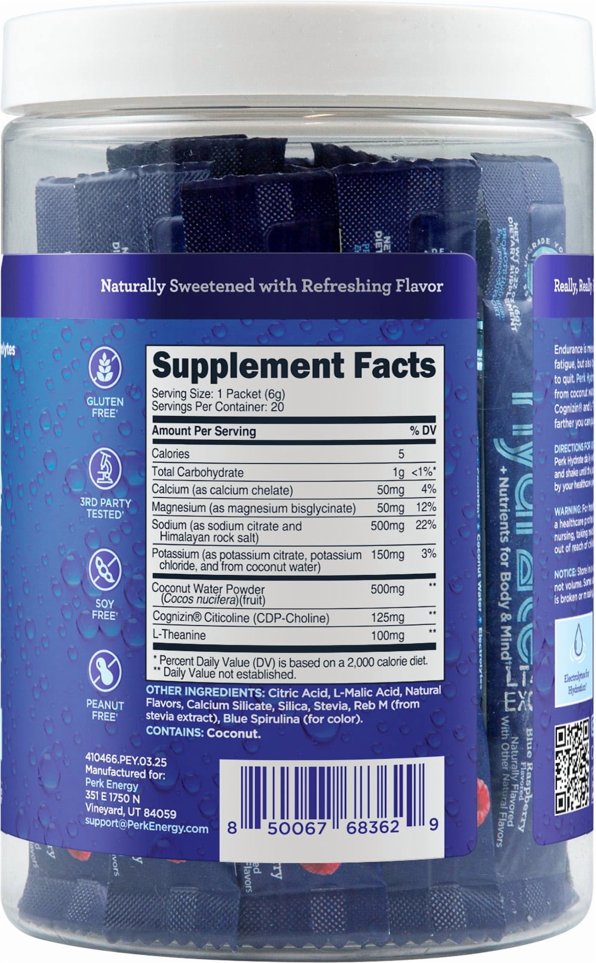 Perk Hydrate Electrolyte Stickpacks (Blue Raspberry) 20 Packets - Coconut Water, CDP-Choline, L-Theanine, Gluten-Free, Keto Friendly, Vegan